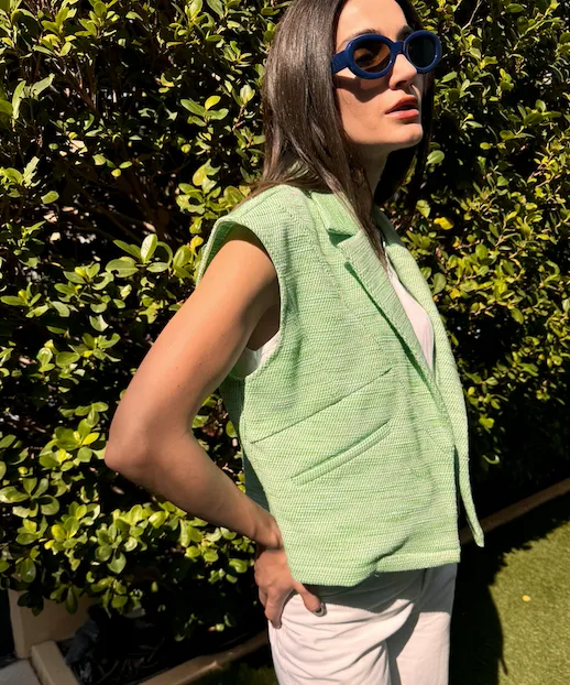 Asymmetric Cropped Vest-Tweed Green