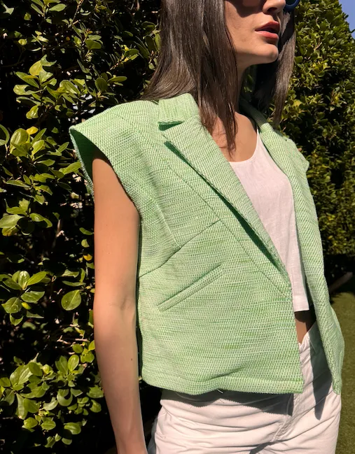 Asymmetric Cropped Vest-Tweed Green