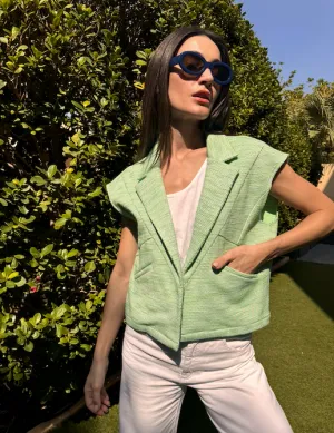 Asymmetric Cropped Vest-Tweed Green