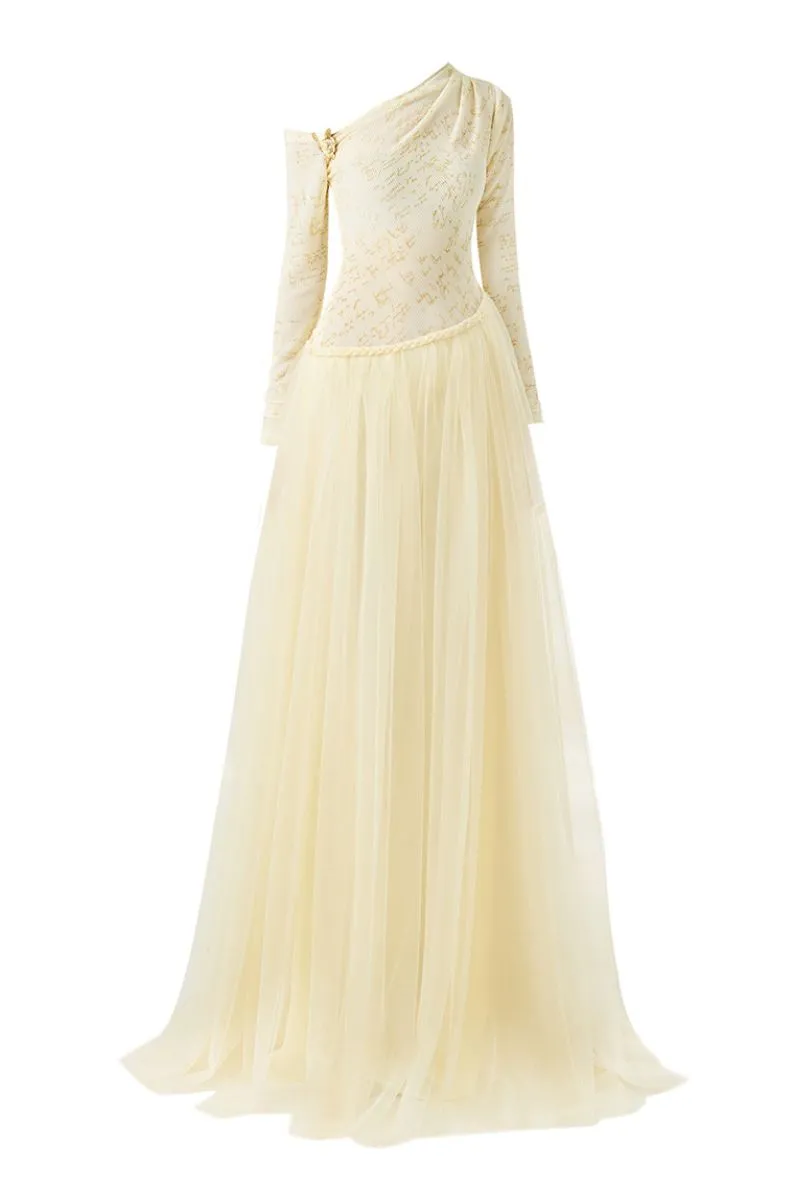 BEIGE SOFTEN FIT-AND-FLARE LAYERED FLOOR-LENGTH GOWN