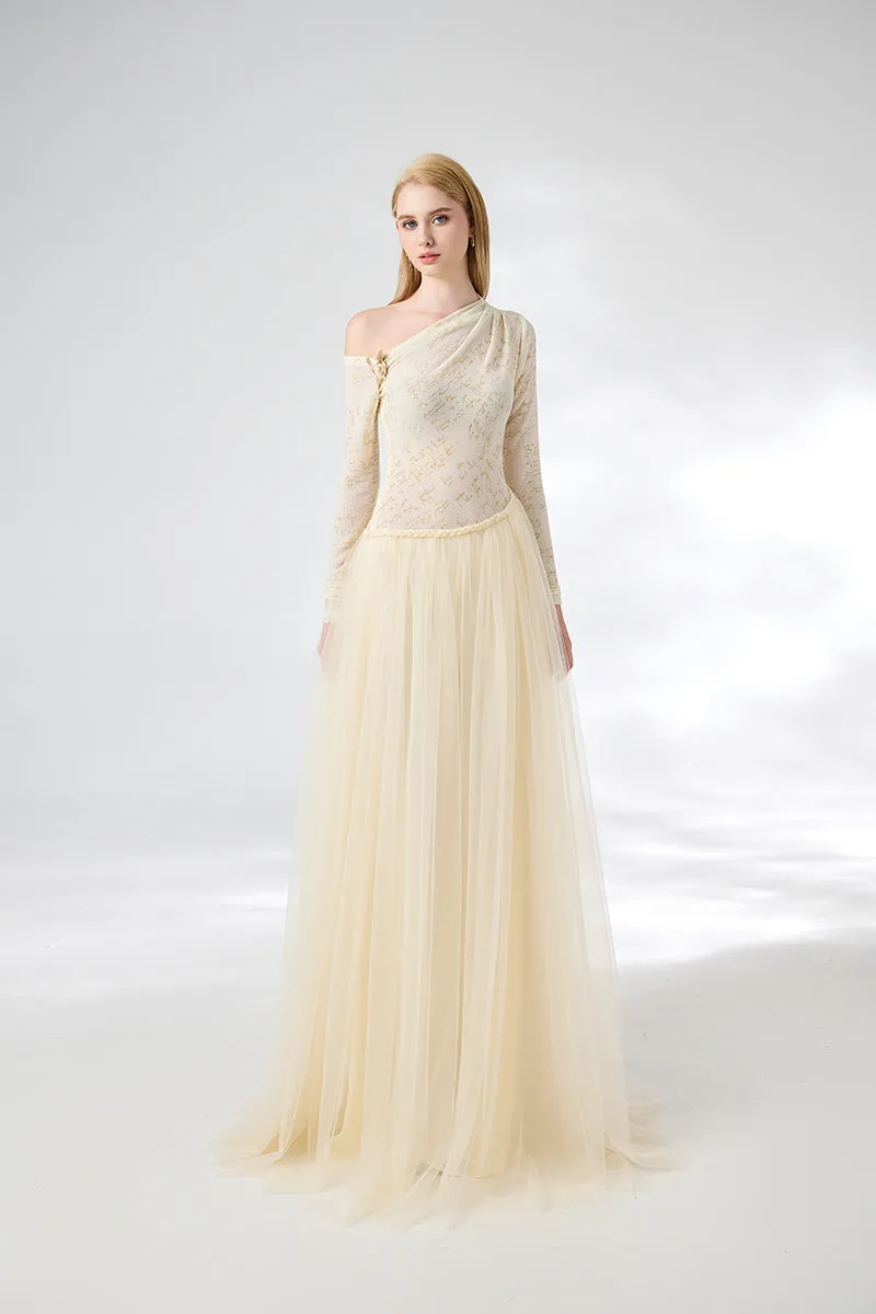 BEIGE SOFTEN FIT-AND-FLARE LAYERED FLOOR-LENGTH GOWN