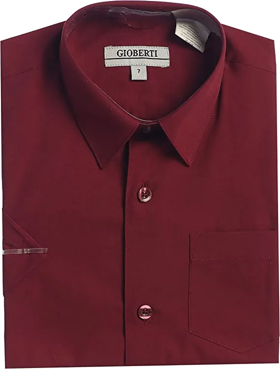 Boy's Short Sleeve Solid Dress Shirt -Burgundy