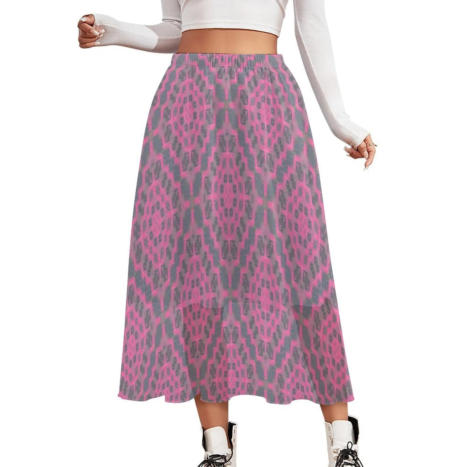 Layered Chiffon Skirt Pink Butterfly Balm Plaid