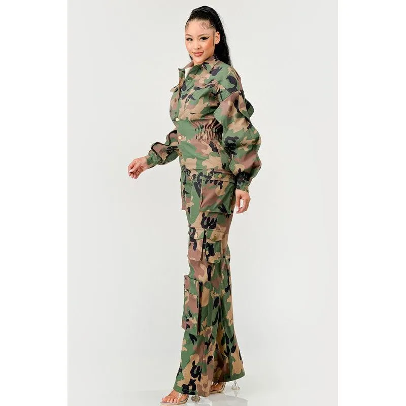 Ruffle Sleeve Jumpsuit -Camo