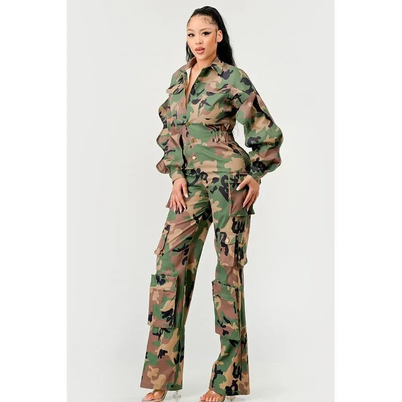 Ruffle Sleeve Jumpsuit -Camo