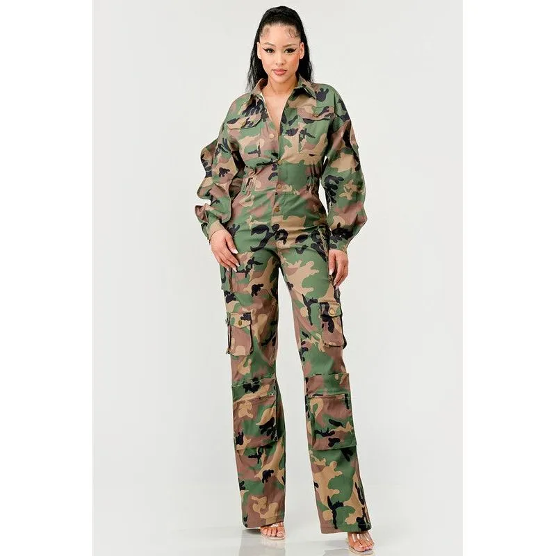 Ruffle Sleeve Jumpsuit -Camo