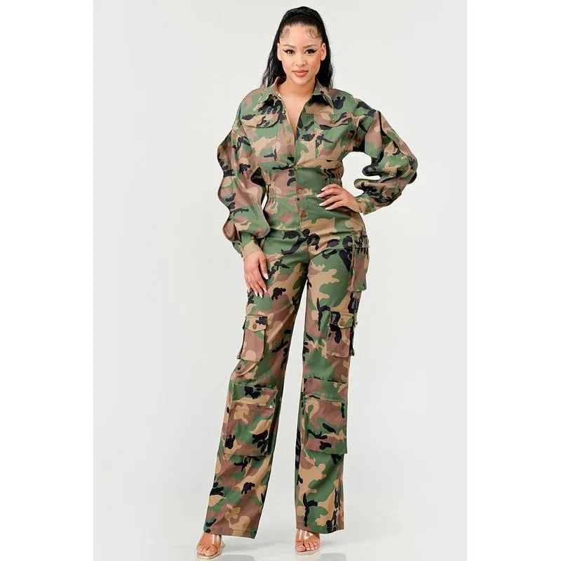 Ruffle Sleeve Jumpsuit -Camo