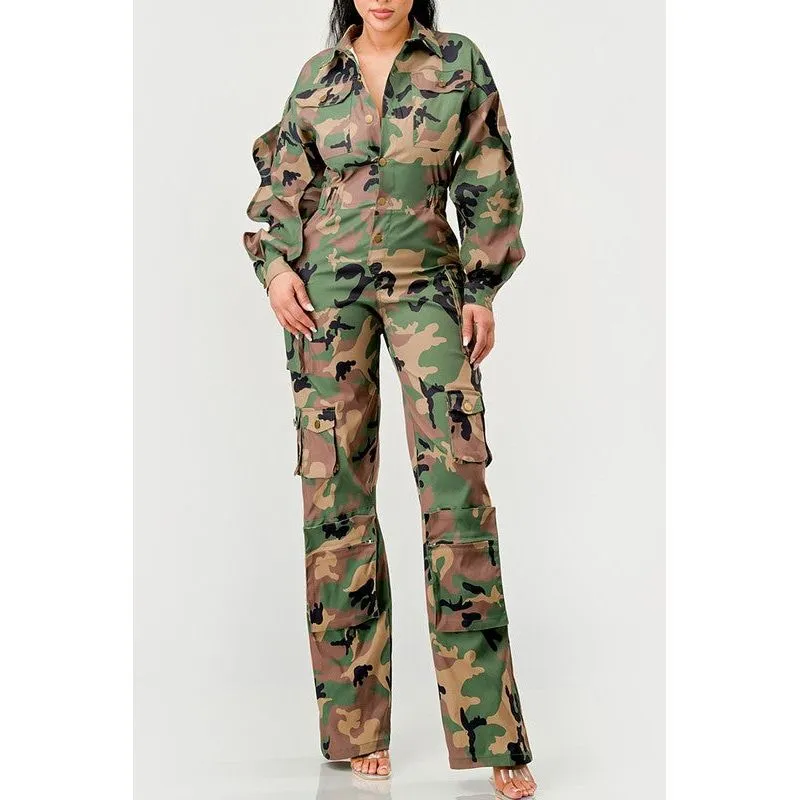 Ruffle Sleeve Jumpsuit -Camo