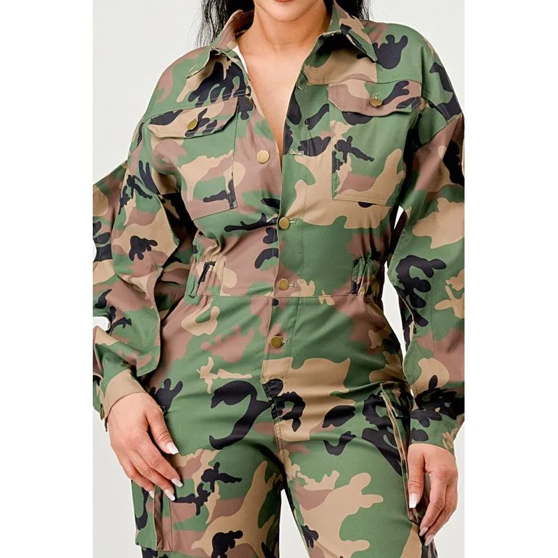 Ruffle Sleeve Jumpsuit -Camo