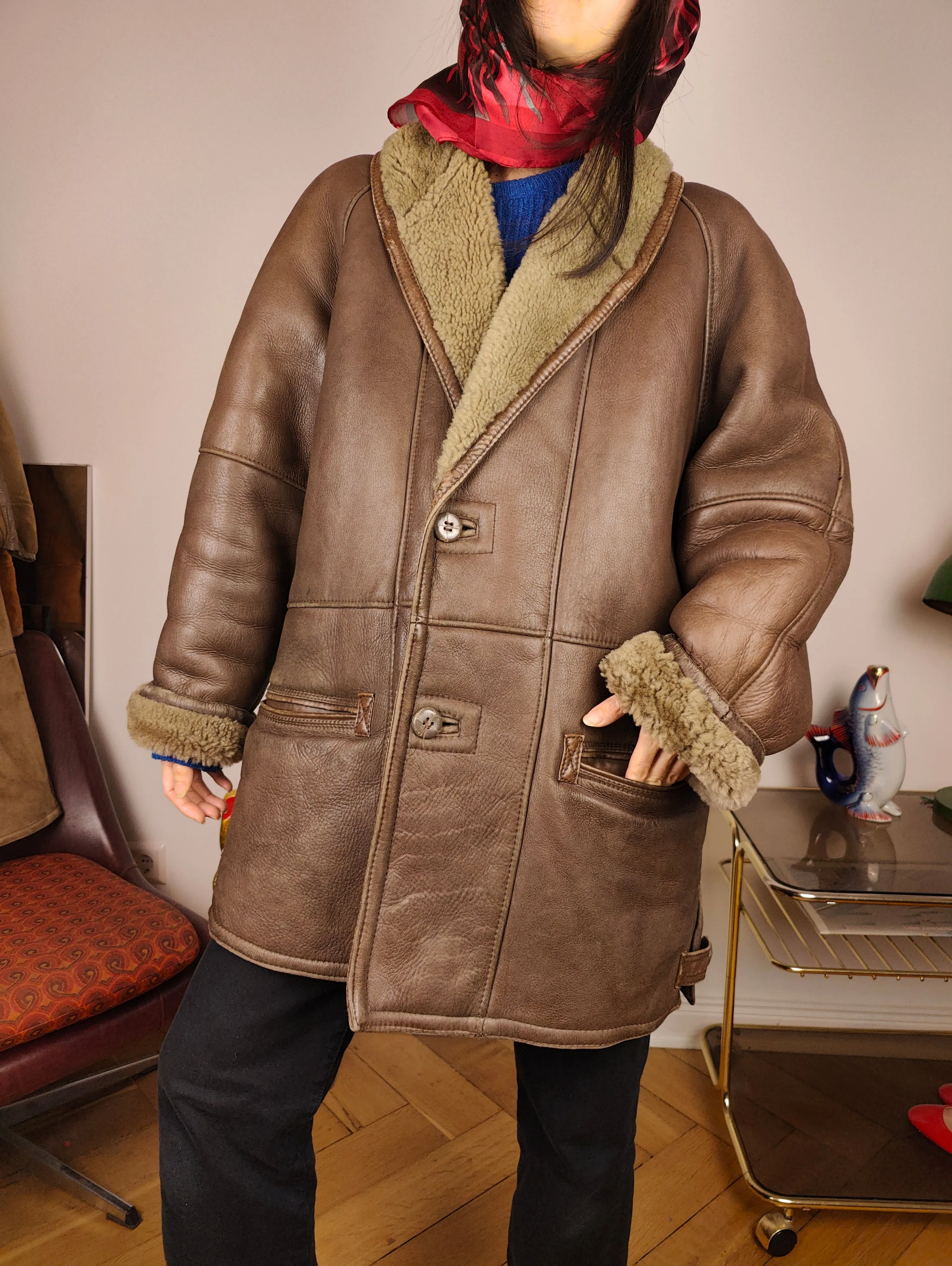 Vintage shearling coat M L | brown lambskin sheepskin leather sherpa jacket women unisex men