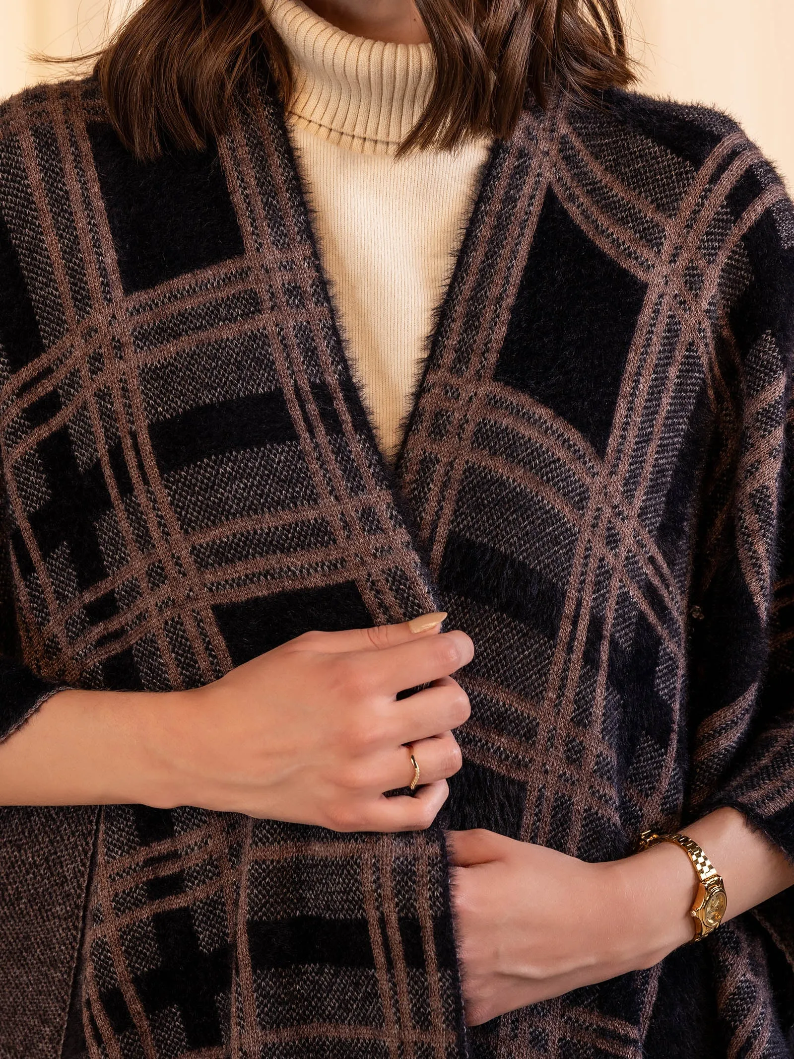 Woolen Reversible Check Cape Ebony